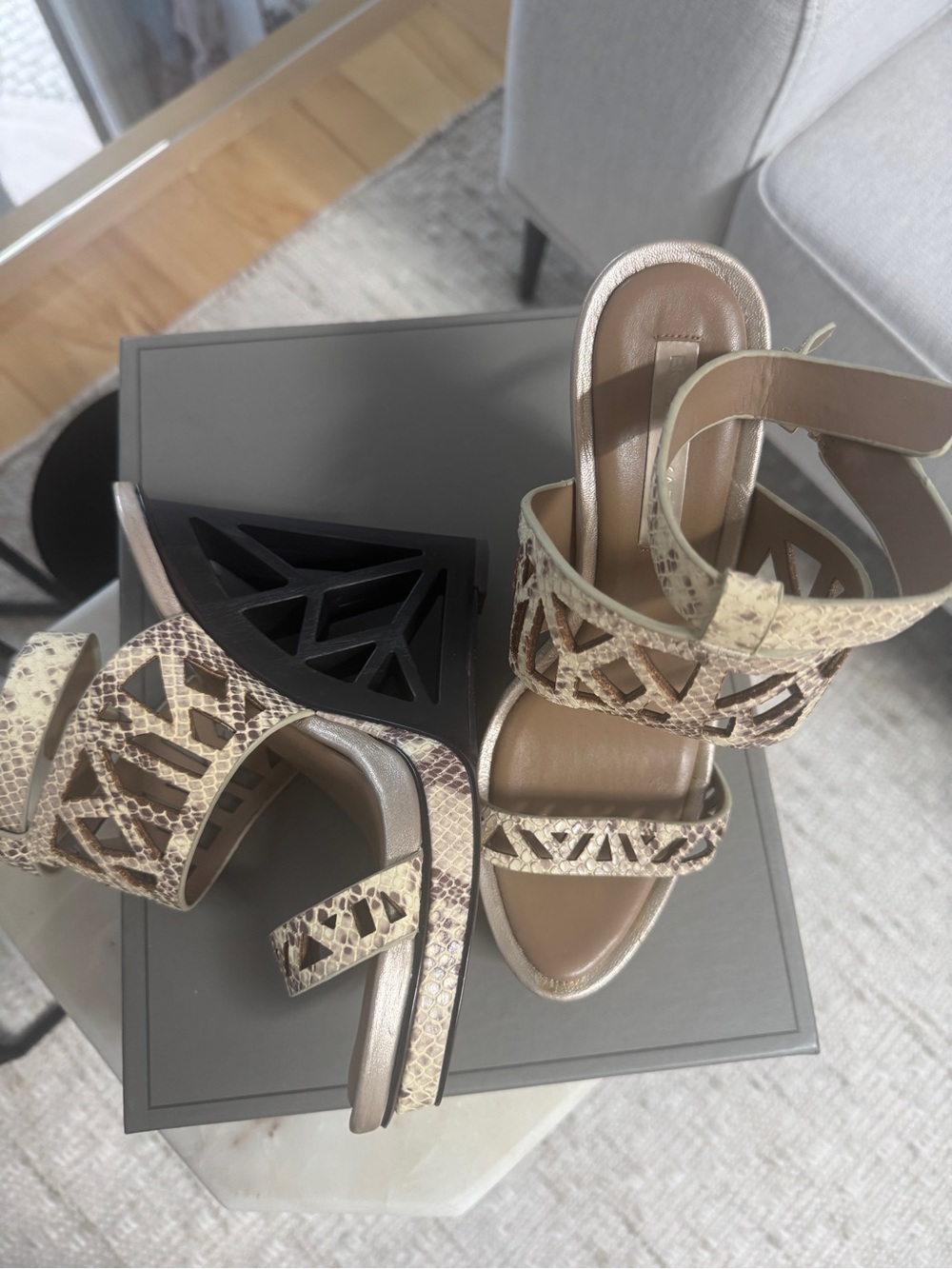 BCBGMaxAzria Neutral Snake-Print Cutout Wedge Sandals